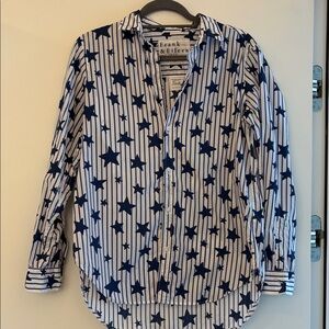 Frank & Eileen Frank Blue/White Striped Star Blouse M EUC